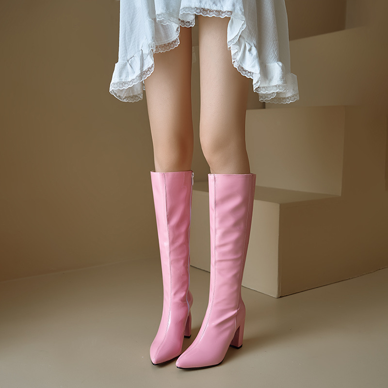 Botosei femei fashion cu tibie înaltă, vârf pătrat și toc gros (Material Superior: PU; Talpă: Cauciuc; Fermoar spate; Vârf pătrat; Toc gros)