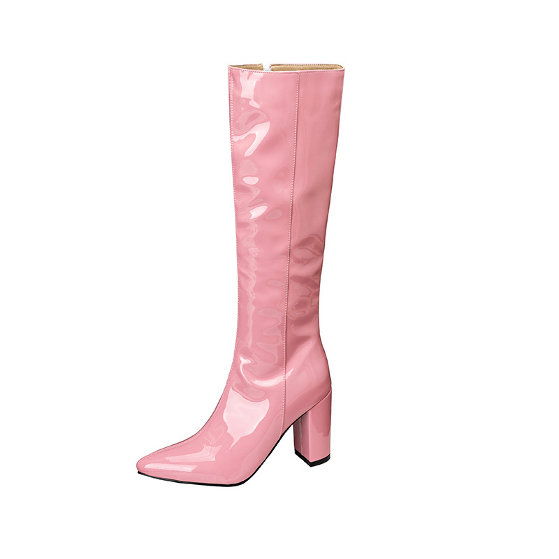 Botosei femei fashion cu tibie înaltă, vârf pătrat și toc gros (Material Superior: PU; Talpă: Cauciuc; Fermoar spate; Vârf pătrat; Toc gros)