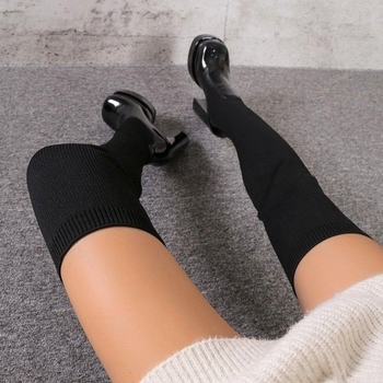 Γυναικείες μπότες μέχρι το γόνατο με φαρδύ τακούνι, μακρύ μανσέ, στρογγυλή μύτη, επάνω μέρος από δέρμα μικροϊνών, καουτσούκ σόλα