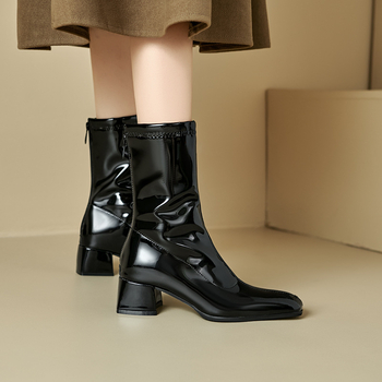 Botosei Martin pentru echitație, stil Riding Boots, vârf pătrat, toc gros, toc mediu 3–5 cm, șaft scund, fermoar pe spate