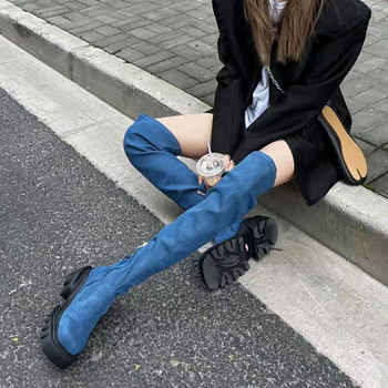 Cizme peste genunchi cu partea superioară PU, talpă din cauciuc, vârf rotund, toc de 6-8 cm, fermoar lateral (PU; cauciuc; rotund; 6-8 cm; lateral)