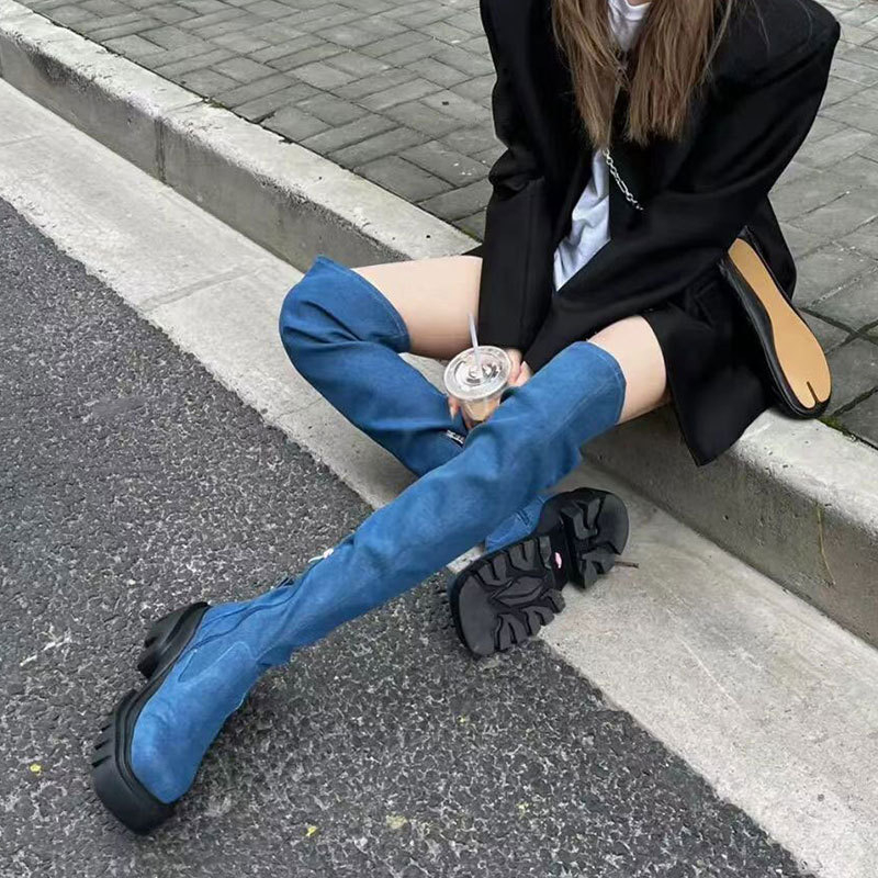 Cizme peste genunchi cu partea superioară PU, talpă din cauciuc, vârf rotund, toc de 6-8 cm, fermoar lateral (PU; cauciuc; rotund; 6-8 cm; lateral)