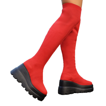 Cizme subțiri cu Flying Weave, vârf rotund, toc conic 6–8 cm, peste genunchi, impermeabile și anti-derapare, slip-on