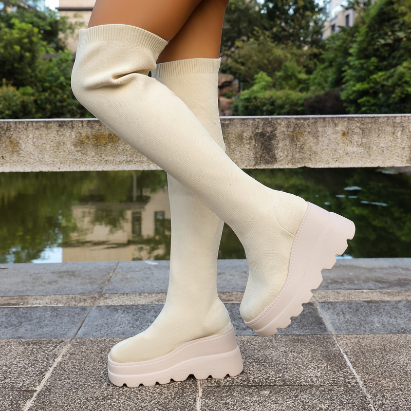 Cizme subțiri cu Flying Weave, vârf rotund, toc conic 6–8 cm, peste genunchi, impermeabile și anti-derapare, slip-on