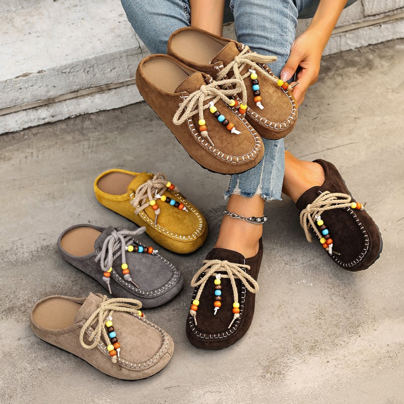 Винтидж велурени мокасини за дами, лениви обувки без връзки с мънисти