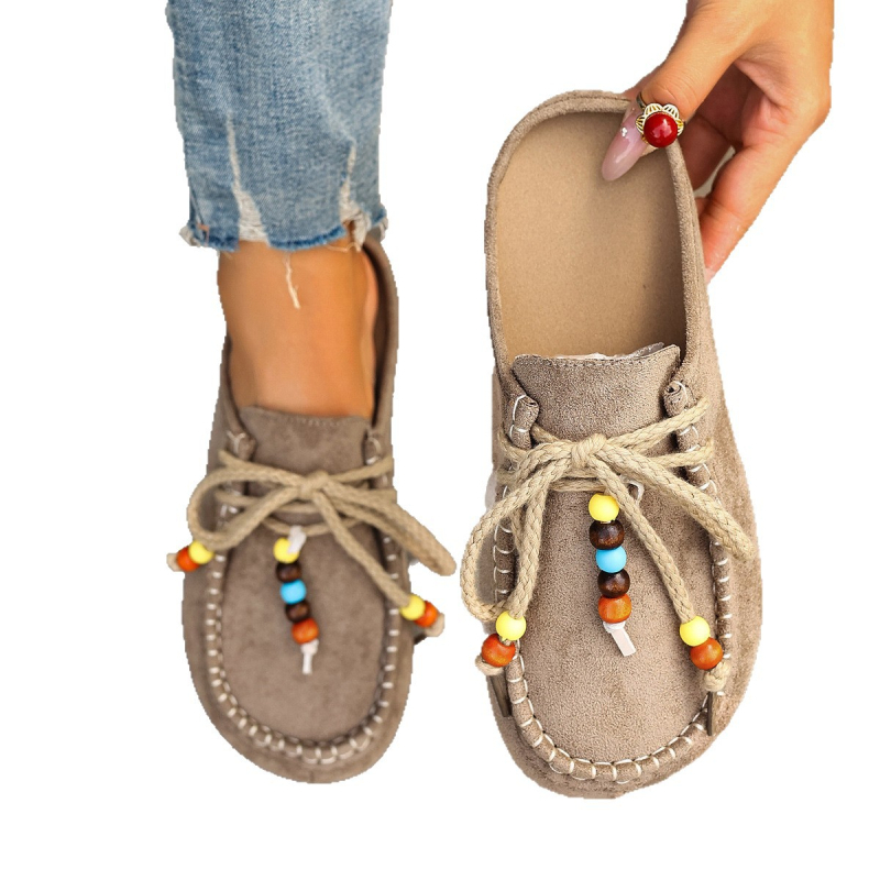 Vintage velúr mokaszin nőknek, kényelmes slip-on cipő gyöngyös díszítéssel