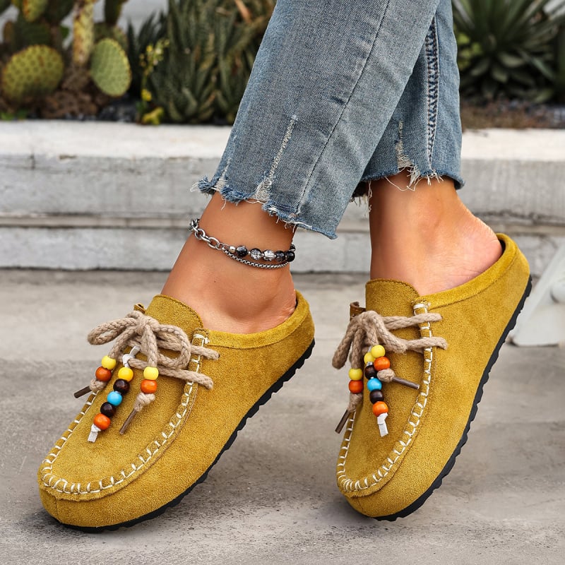 Vintage velúr mokaszin nőknek, kényelmes slip-on cipő gyöngyös díszítéssel