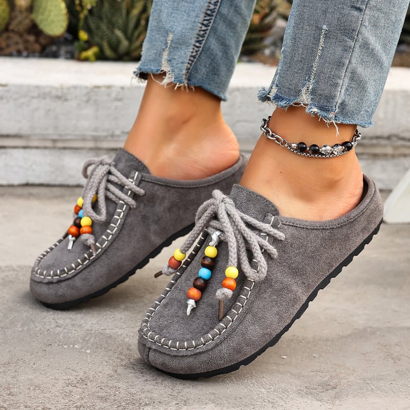 Vintage velúr mokaszin nőknek, kényelmes slip-on cipő gyöngyös díszítéssel