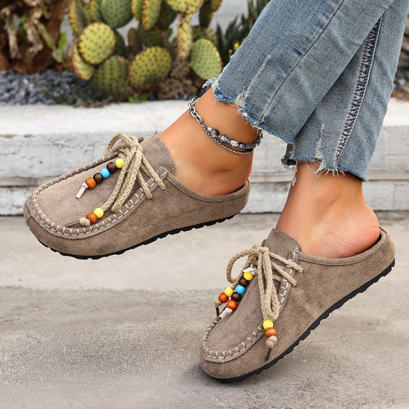 Vintage velúr mokaszin nőknek, kényelmes slip-on cipő gyöngyös díszítéssel