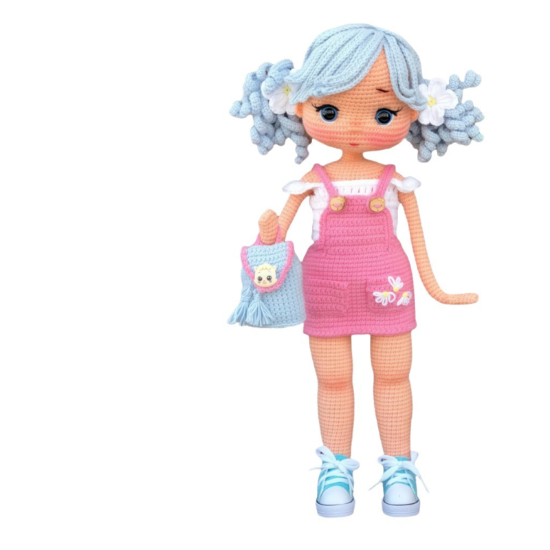 Χειροποίητη κούκλα πλεκτή με τρία μικρά σακίδια γάτας και σκύλου, κορίτσι με ροζ-μπλε μαλλιά — Ακρυλικό νήμα πλεξίματος για το χέρι, Τεχνική: Semi-Worsted, Μορφή νήματος: Skein, Κωδικός προϊόντος: YB