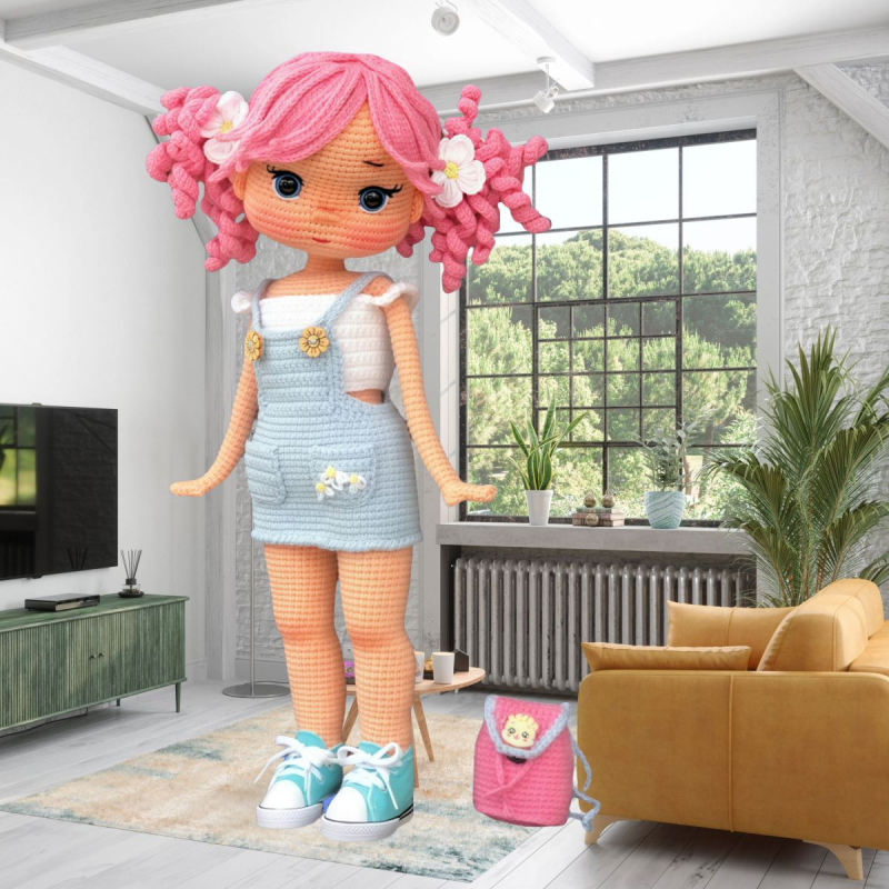 Χειροποίητη κούκλα πλεκτή με τρία μικρά σακίδια γάτας και σκύλου, κορίτσι με ροζ-μπλε μαλλιά — Ακρυλικό νήμα πλεξίματος για το χέρι, Τεχνική: Semi-Worsted, Μορφή νήματος: Skein, Κωδικός προϊόντος: YB