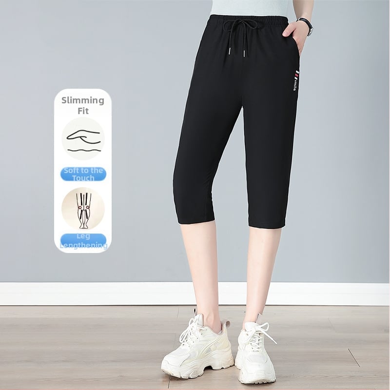 Sieviešu kapri bikses ar augstu jostu un taisu griezumu, viegla poliestera auduma (95%+), ikdienas/fitness stils