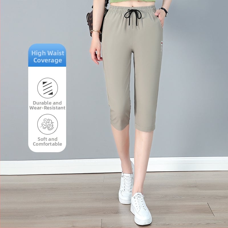 Sieviešu kapri bikses ar augstu jostu un taisu griezumu, viegla poliestera auduma (95%+), ikdienas/fitness stils