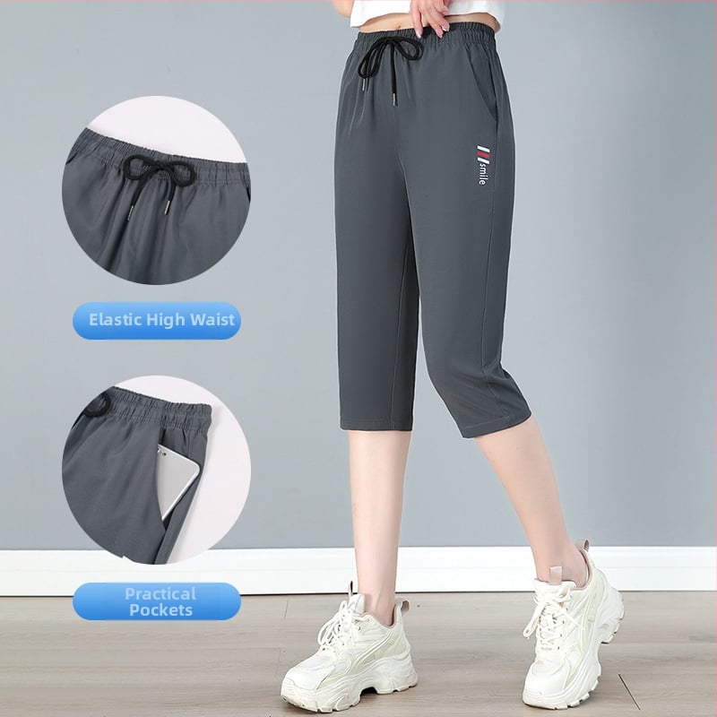 Sieviešu kapri bikses ar augstu jostu un taisu griezumu, viegla poliestera auduma (95%+), ikdienas/fitness stils