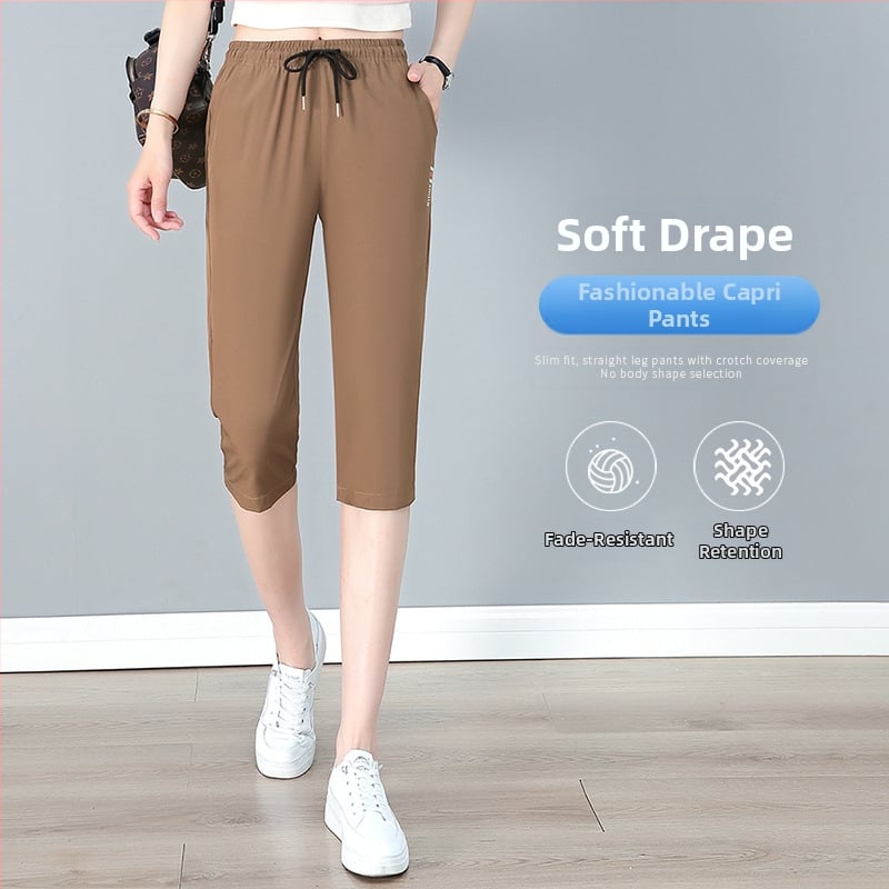 Sieviešu kapri bikses ar augstu jostu un taisu griezumu, viegla poliestera auduma (95%+), ikdienas/fitness stils