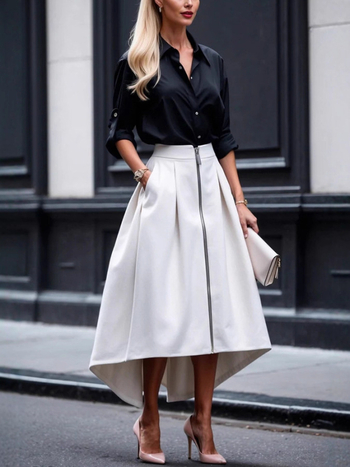 Неравномерен миди пола, еднотонен полиестер (95%+), делови стил за градска обстановка