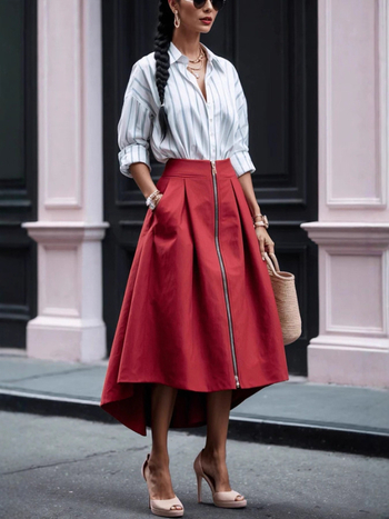 Неравномерен миди пола, еднотонен полиестер (95%+), делови стил за градска обстановка