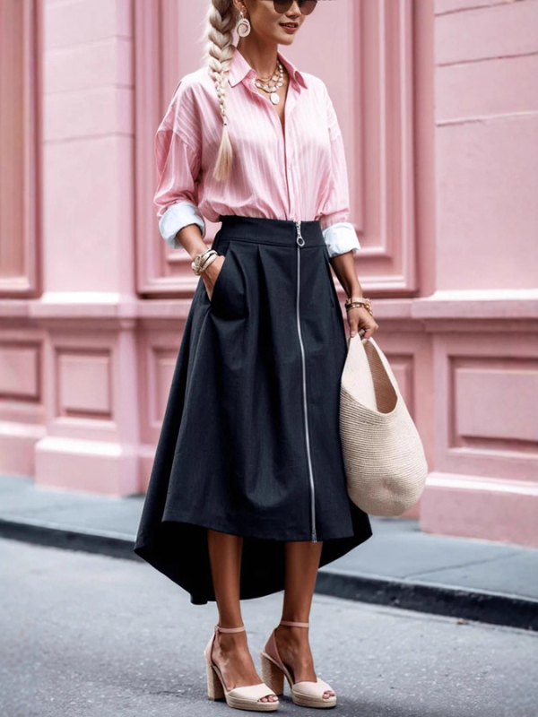 Nereguliarus midi sijonas, vienos spalvos poliesteris (95%+), verslo kasdieniam stiliui