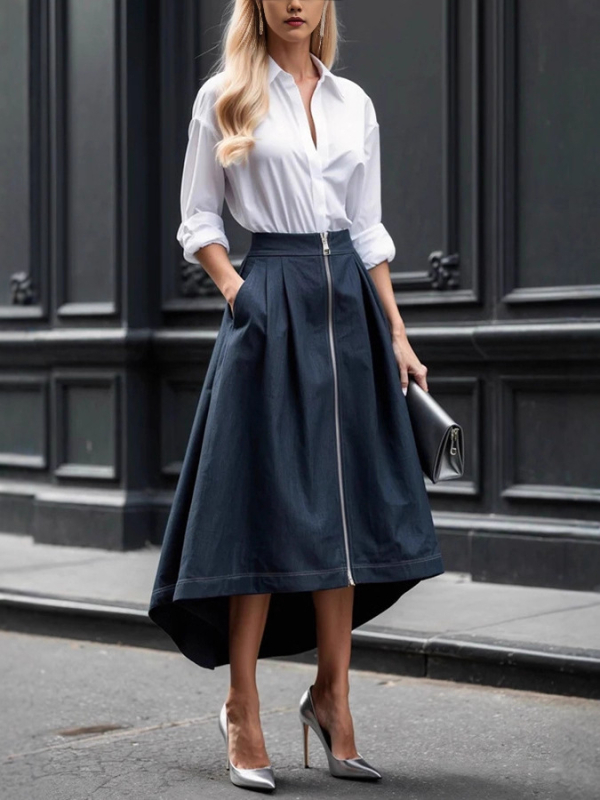 Nereguliarus midi sijonas, vienos spalvos poliesteris (95%+), verslo kasdieniam stiliui