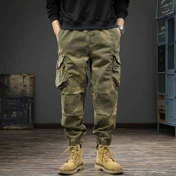 Ανδρικά παντελόνια εργασίας με καμουφλάζ, βαμβακερή ύφανση, μέση με ζώνη, κλείσιμο με κορδάνι, διακοσμητικές τσέπες