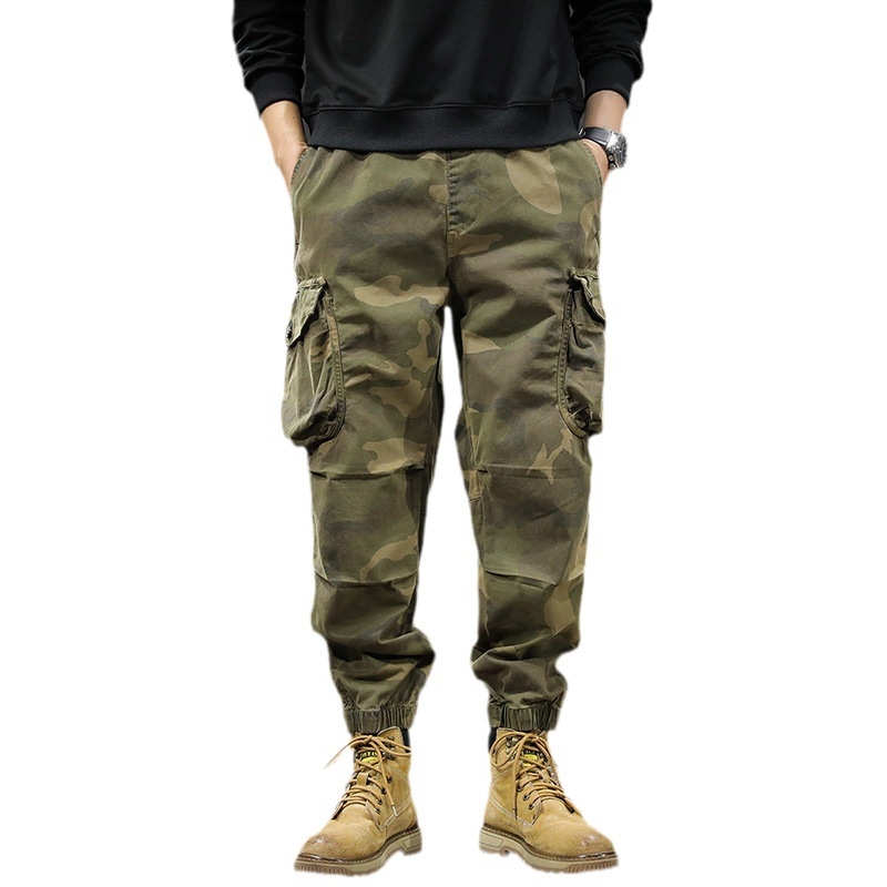 Pantaloni de lucru pentru bărbați, camuflaj, bumbac, talie medie, curea, închidere cu șnur, detalii cu buzunare