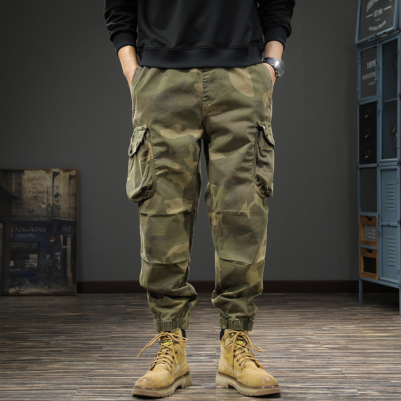 Pantaloni de lucru pentru bărbați, camuflaj, bumbac, talie medie, curea, închidere cu șnur, detalii cu buzunare