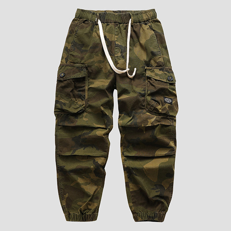 Pantaloni de lucru pentru bărbați, camuflaj, bumbac, talie medie, curea, închidere cu șnur, detalii cu buzunare