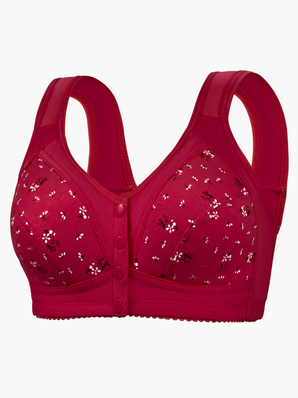 Βαμβακερό σουτιέν σπορ για γυναίκες μέσης ηλικίας και ηλικιωμένες, με μπροστινό κούμπωμα, λεπτές κάψες, εκτύπωση, χωρίς μεταλλικό σύρμα