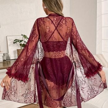 Σετ νυχτικού από διαφανή δαντέλα – σέξι και διάφανο, χωρίς γιακά, μακριά μανίκια, κοντά παντελόνια, υπερ-λεπτό ύφασμα, 80–90% πολυεστέρας