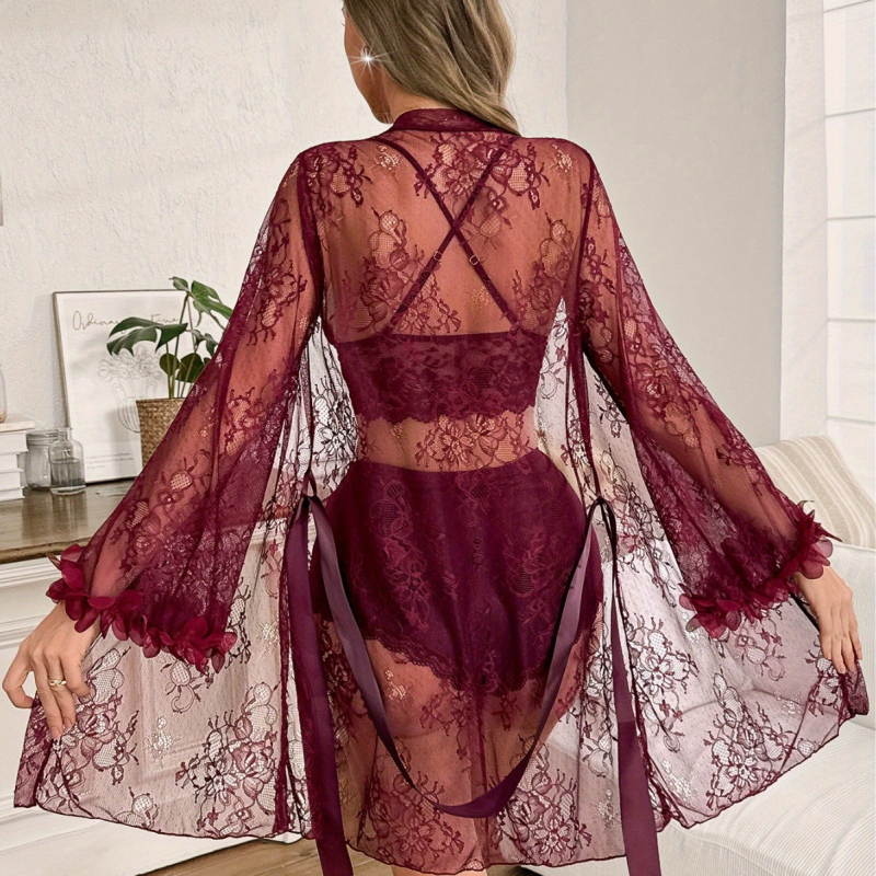 Σετ νυχτικού από διαφανή δαντέλα – σέξι και διάφανο, χωρίς γιακά, μακριά μανίκια, κοντά παντελόνια, υπερ-λεπτό ύφασμα, 80–90% πολυεστέρας