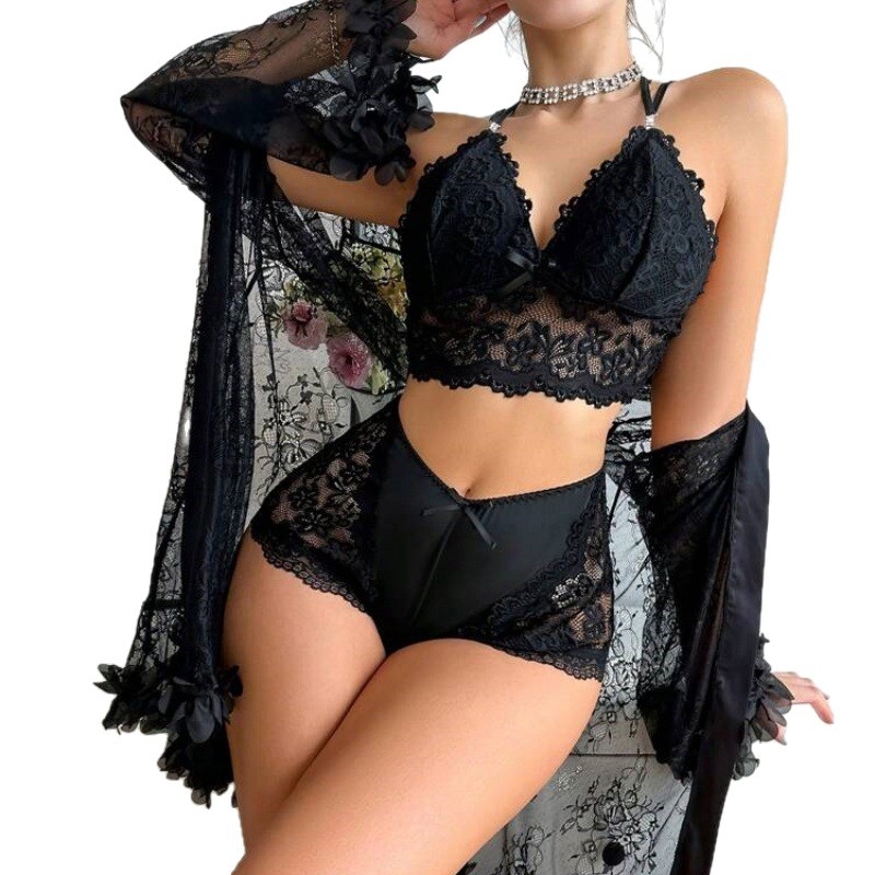 Σετ νυχτικού από διαφανή δαντέλα – σέξι και διάφανο, χωρίς γιακά, μακριά μανίκια, κοντά παντελόνια, υπερ-λεπτό ύφασμα, 80–90% πολυεστέρας