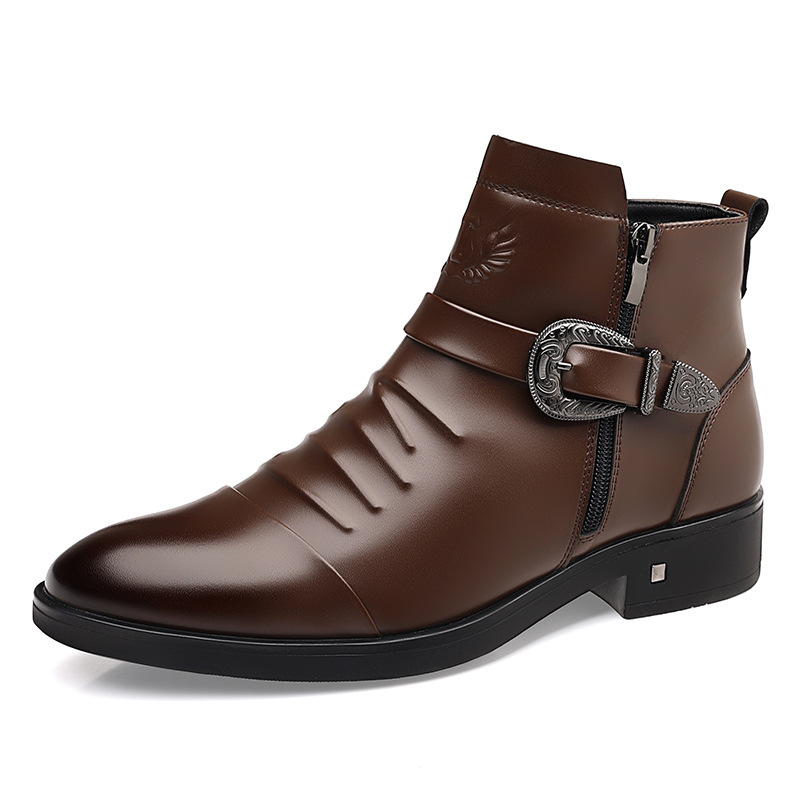 Férfi bőr Chelsea csizma, középmagas szár, kerek orrú, vízálló, gumírozott talp