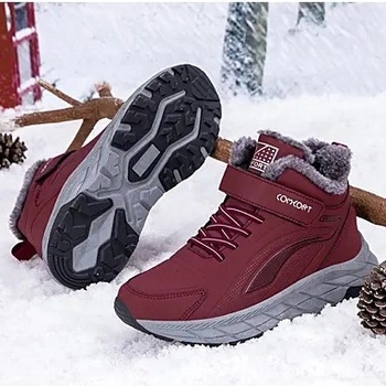 Ghete de iarnă pentru femei, partea superioară din PU, talpă din cauciuc, căptușeală din pluș artificial, închidere Velcro, înălțime medie a cizmei