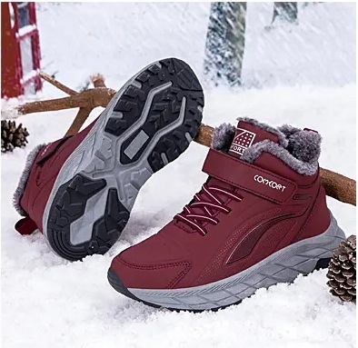 Ghete de iarnă pentru femei, partea superioară din PU, talpă din cauciuc, căptușeală din pluș artificial, închidere Velcro, înălțime medie a cizmei