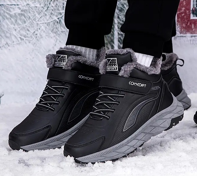 Ghete de iarnă pentru femei, partea superioară din PU, talpă din cauciuc, căptușeală din pluș artificial, închidere Velcro, înălțime medie a cizmei