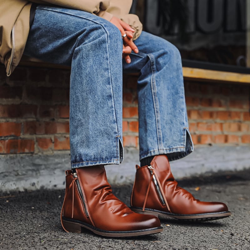 Ανδρικά μποτάκια Martin με πλαϊνό φερμουάρ, PU επάνω, σόλα από καουτσούκ, στρογγυλή μύτη, ύψος τακουνιού 3-5 cm