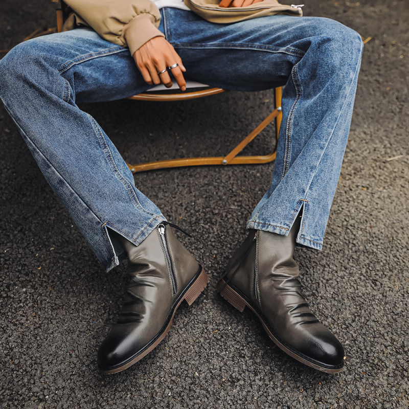 Ανδρικά μποτάκια Martin με πλαϊνό φερμουάρ, PU επάνω, σόλα από καουτσούκ, στρογγυλή μύτη, ύψος τακουνιού 3-5 cm