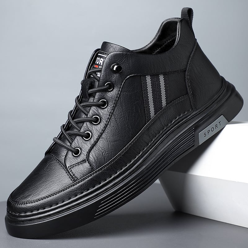 Ανδρικά casual sneakers: στρογγυλή μύτη, επάνω από δύο στρώσεις βοδινό δέρμα, χαμηλό τακούνι 1–3 cm, ελαστικό κλείσιμο, καουτσούκ σόλα