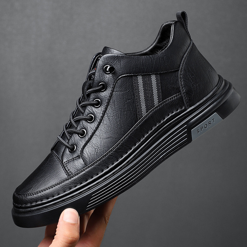 Ανδρικά casual sneakers: στρογγυλή μύτη, επάνω από δύο στρώσεις βοδινό δέρμα, χαμηλό τακούνι 1–3 cm, ελαστικό κλείσιμο, καουτσούκ σόλα