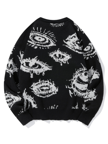 Пуловер от плетиво със жакардов мотив с очи, свободен силует, кръгло деколте, удебелен плат, вискоза 50%