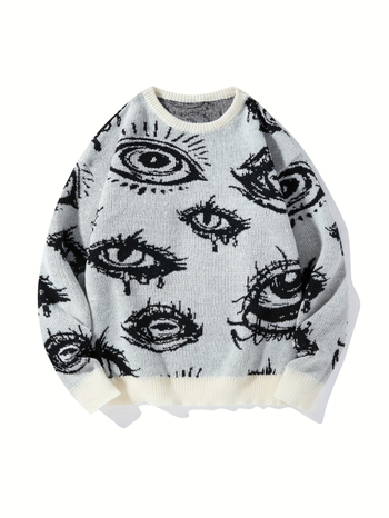 Пуловер от плетиво със жакардов мотив с очи, свободен силует, кръгло деколте, удебелен плат, вискоза 50%
