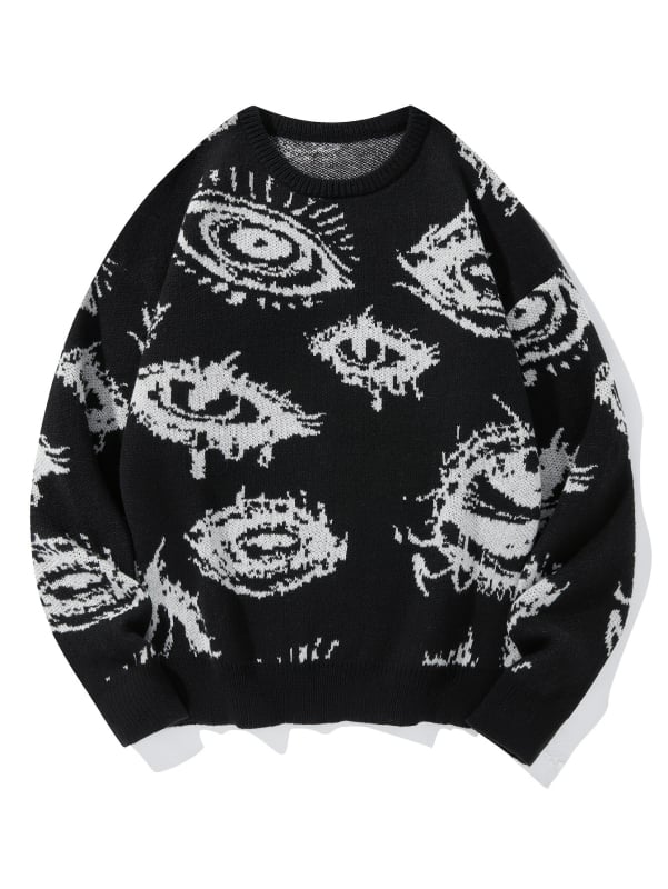 Vyrinis megztinis su akių rašto jacquardu, laisvas siluetas, apvali kakla, storas audinys, 50% viskozė