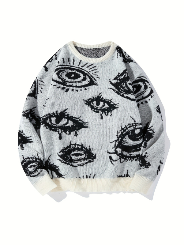 Vyrinis megztinis su akių rašto jacquardu, laisvas siluetas, apvali kakla, storas audinys, 50% viskozė
