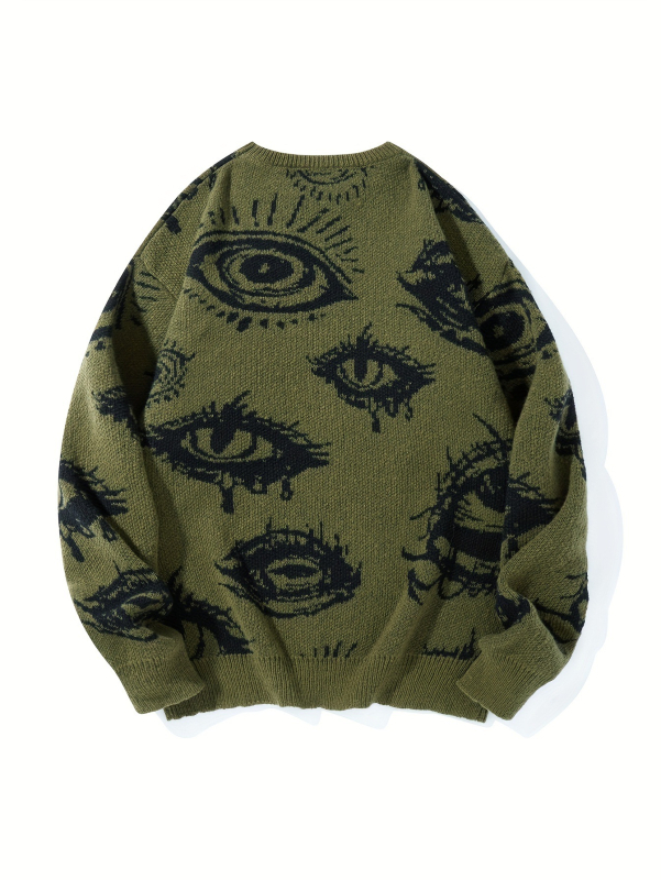 Vyrinis megztinis su akių rašto jacquardu, laisvas siluetas, apvali kakla, storas audinys, 50% viskozė