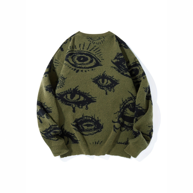 Vyrinis megztinis su akių rašto jacquardu, laisvas siluetas, apvali kakla, storas audinys, 50% viskozė