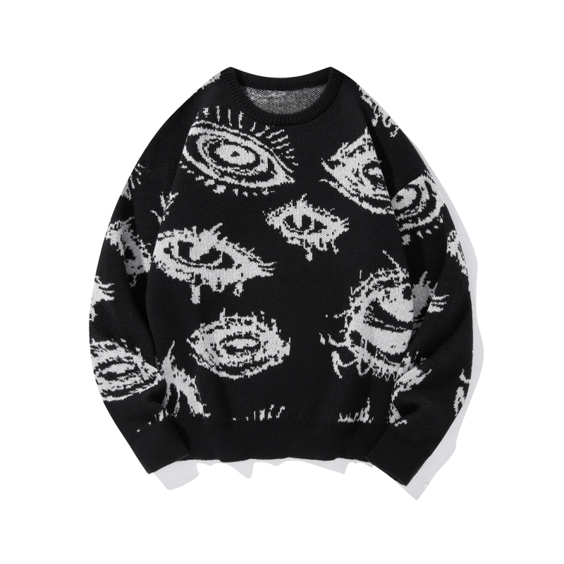 Vyrinis megztinis su akių rašto jacquardu, laisvas siluetas, apvali kakla, storas audinys, 50% viskozė