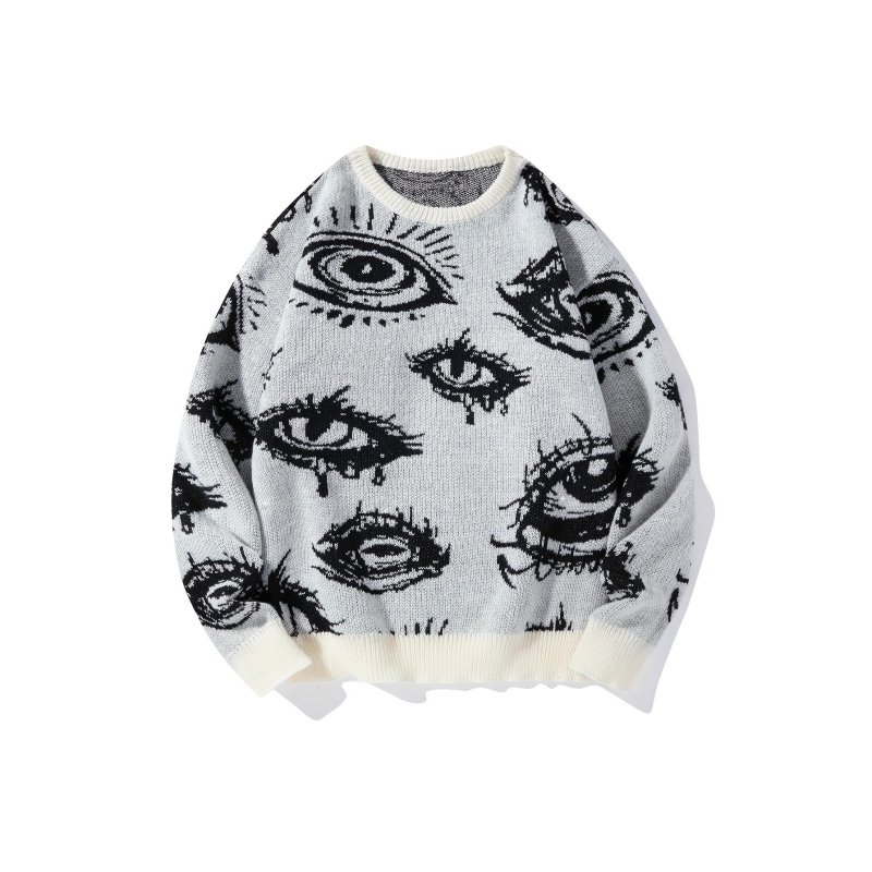 Vyrinis megztinis su akių rašto jacquardu, laisvas siluetas, apvali kakla, storas audinys, 50% viskozė