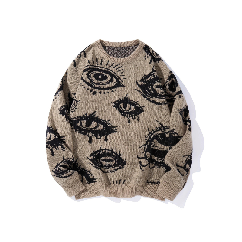 Vyrinis megztinis su akių rašto jacquardu, laisvas siluetas, apvali kakla, storas audinys, 50% viskozė