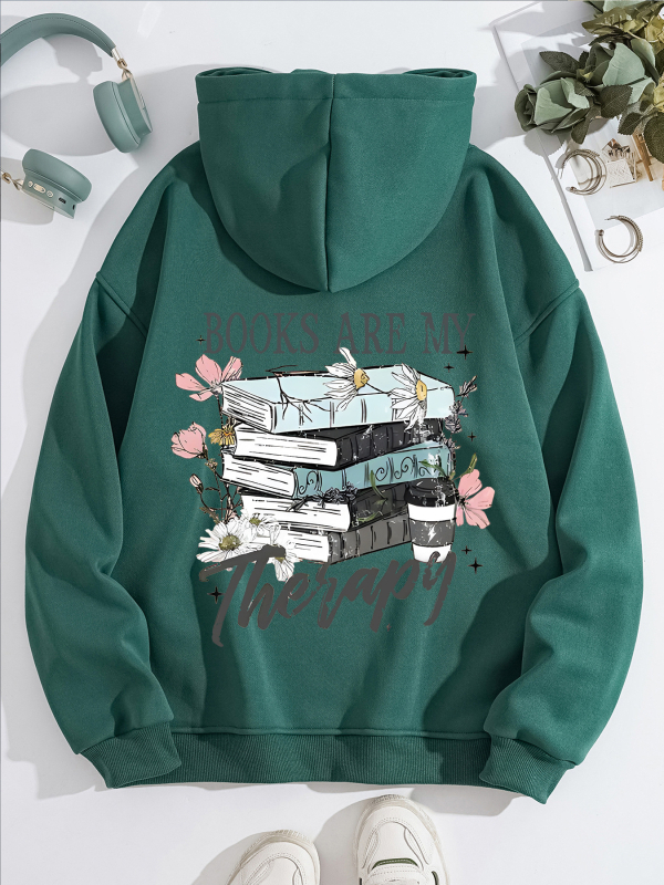 Moteriški džemperiai su gobtuvu iš fleece - gėlių raštas, storesnis poliesteris, vidutinio ilgio, laisvas kirpimas