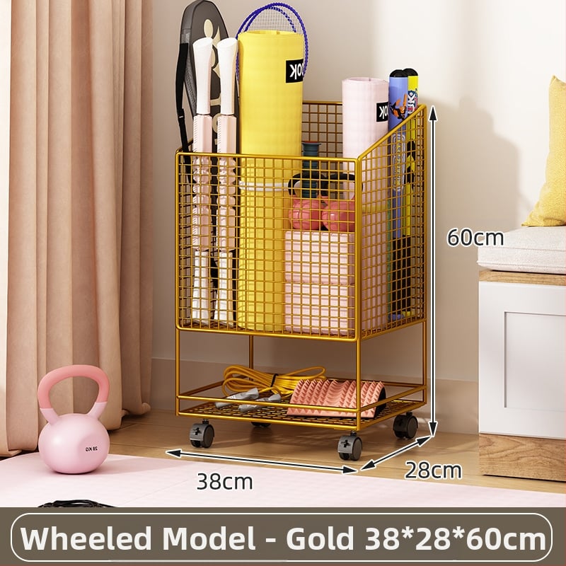 Jógamatrac tároló kosár kerékkel, fém kettős rétegű kivitel, nagy kapacitású edzőfelszereléshez